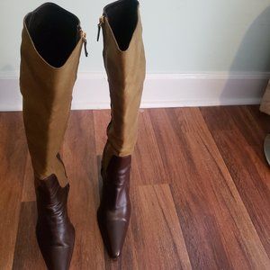 Ralph Lauren Purple Label Boots brown leather/green canvas heeled "riding boots"